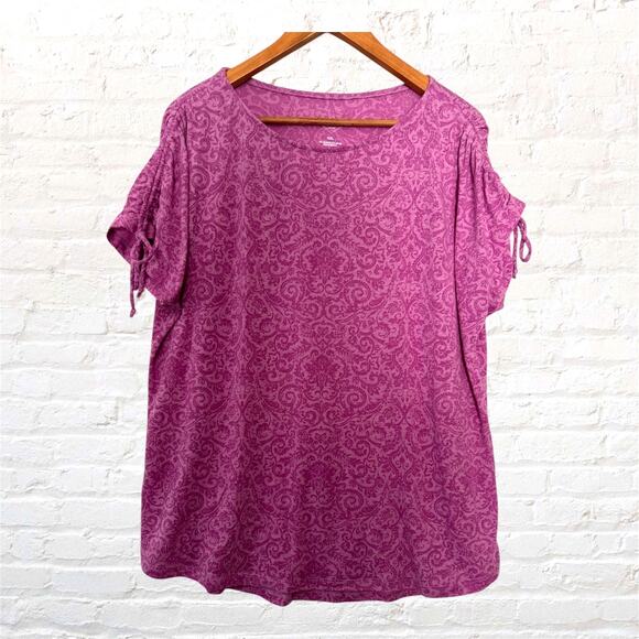 St John's Bay Purple Paisley Print Short Sleeve Top Ruched Tie Sleeve Tee XXL - Picture 1 of 8